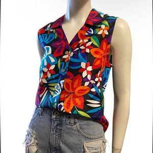 Vintage Y2K Bright Multicolor Tropical Print Button Dowm Top Sz M